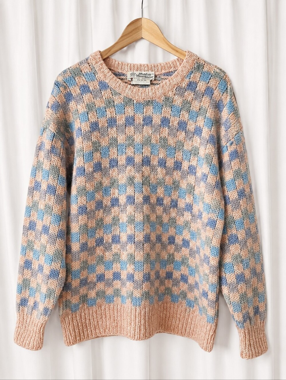 Vintage Moffat Woollens Scotland Pastel Check Wool Blend Crewneck Knit Sweater